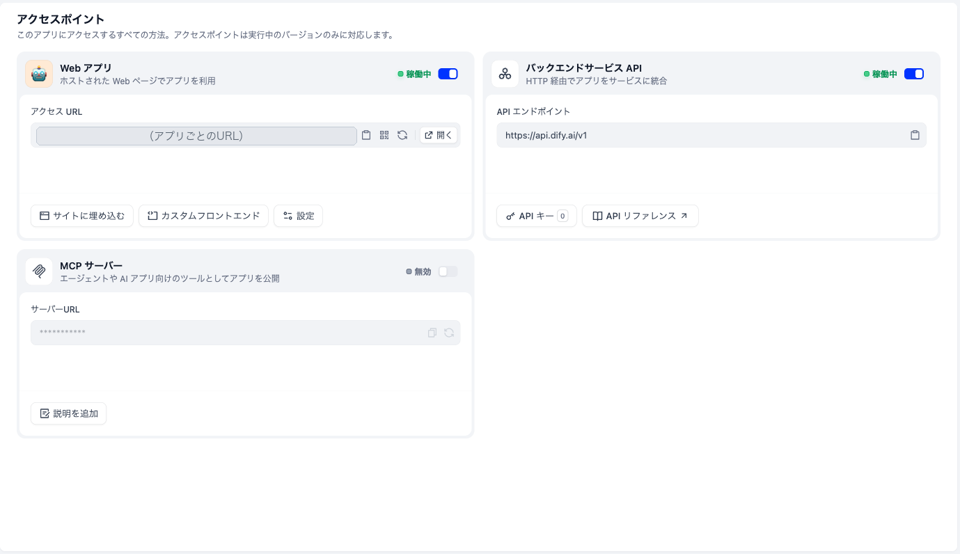 Difyの「アクセスポイント」画面。左上に「Web アプリ」の欄があり、右に「稼働中」の表示とスイッチ、下に「アクセス URL」の入力欄（URLは伏せてある）とコピー・QRコード・再生成のボタンが並ぶ。右に「バックエンドサービス API」、下に「MCP サーバー（無効）」がある